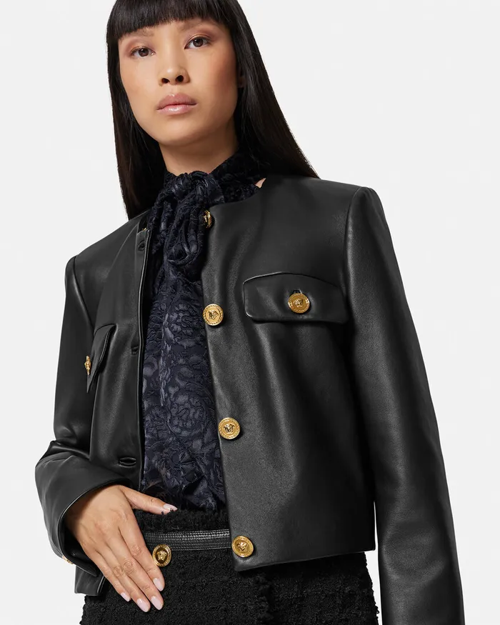 Versace Leather Cardigan Jacket Black Women Outerwear and Coats