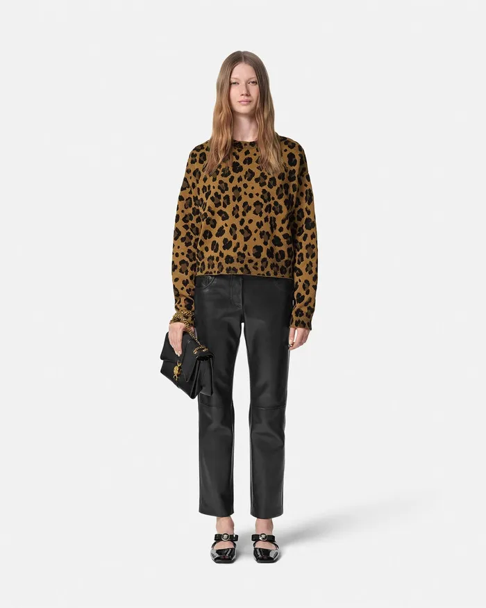 Versace Leopard Jacquard Knit Oversized Sweater Animalier Women Knitwear