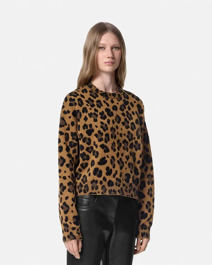Versace Leopard Jacquard Knit Oversized Sweater Animalier Women Knitwear