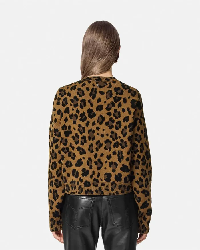 Versace Leopard Jacquard Knit Oversized Sweater Animalier Women Knitwear