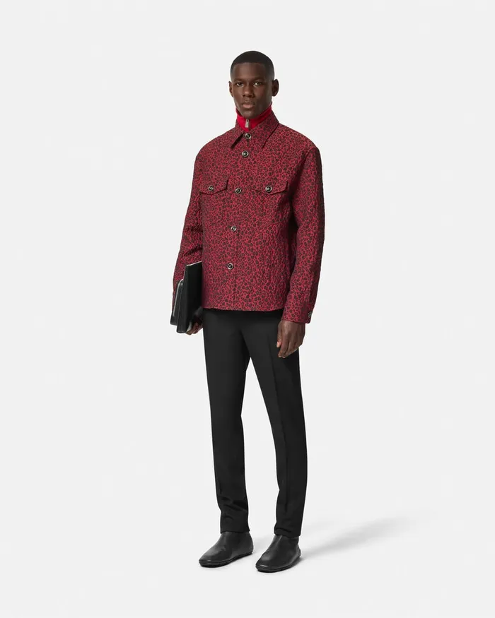 Versace Leopard Jacquard Overshirt Blackred Men Jackets and Coats