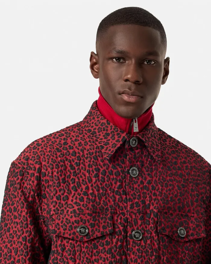 Versace Leopard Jacquard Overshirt Blackred Men Jackets and Coats