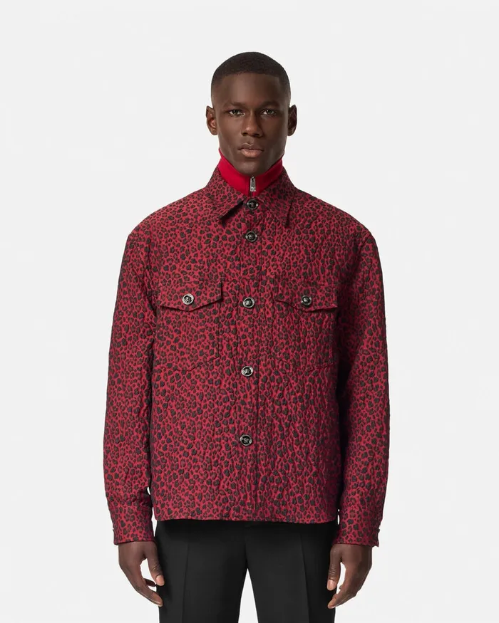 Versace Leopard Jacquard Overshirt Blackred Men Jackets and Coats