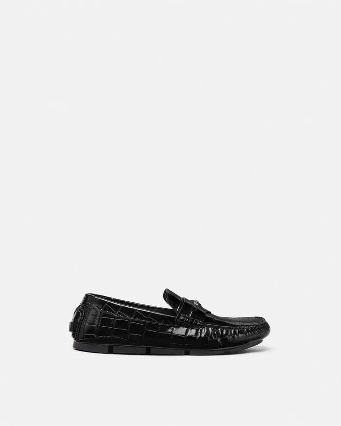Versace Medusa CrocEffect Leather Driver Shoes Black Men Drivers