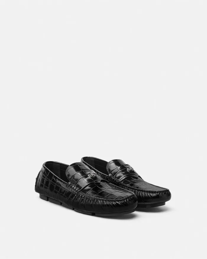 Versace Medusa CrocEffect Leather Driver Shoes Black Men Drivers