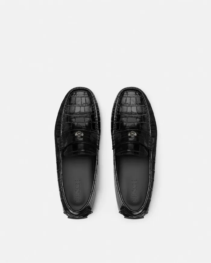 Versace Medusa CrocEffect Leather Driver Shoes Black Men Drivers