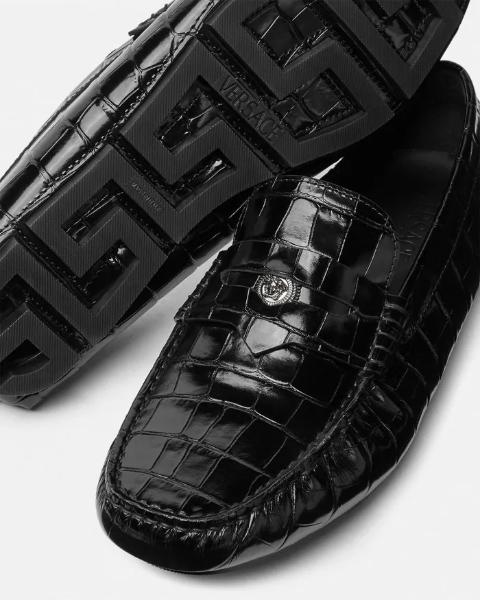 Versace Medusa CrocEffect Leather Driver Shoes Black Men Drivers