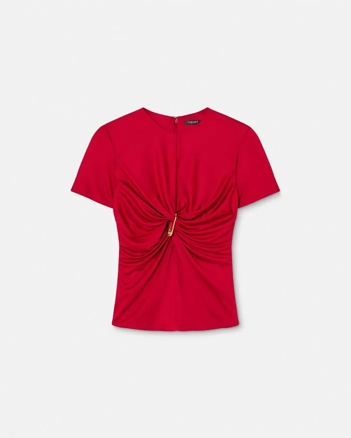 Versace Safety Pin Gathered Top Red Women Shirts and Tops