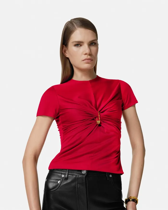 Versace Safety Pin Gathered Top Red Women Shirts and Tops