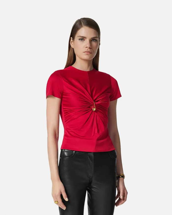 Versace Safety Pin Gathered Top Red Women Shirts and Tops