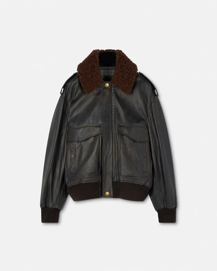 Versace ShearlingCollar Leather Bomber Jacket Black Men Jackets and Coats