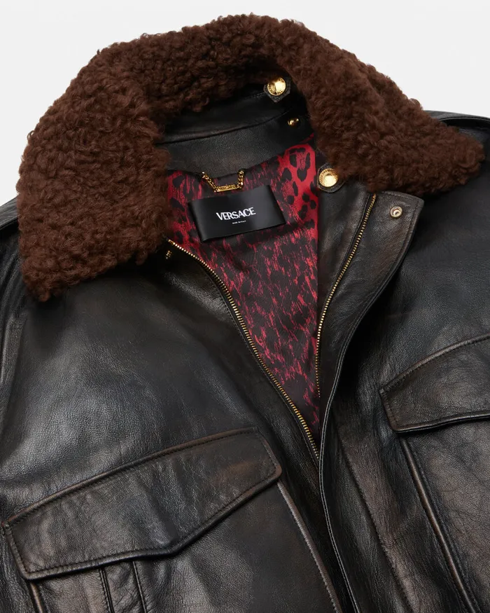 Versace ShearlingCollar Leather Bomber Jacket Black Men Jackets and Coats