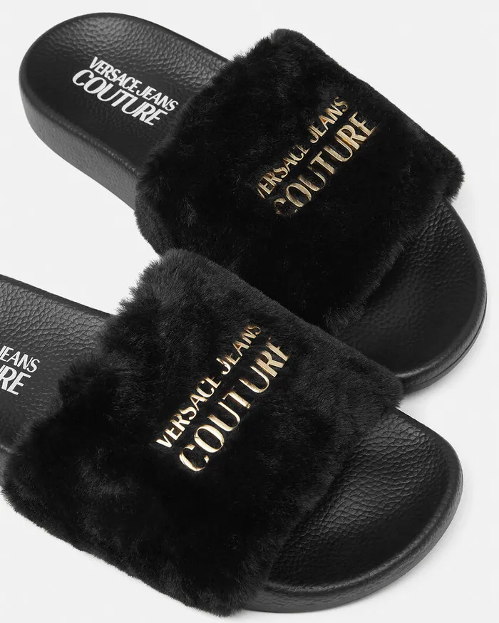 Versace Shelly FauxFur Sliders Blackprint Women Jeans Couture