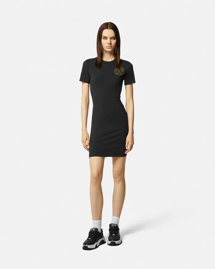 Versace VEmblem Logo TShirt Dress Blackgold Women Jeans Couture