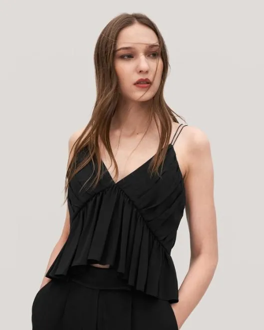 Versatile Pleated Silk Magnolia Camisole 8211 Black and White Silk Cami Top Women Lilysilk Tops