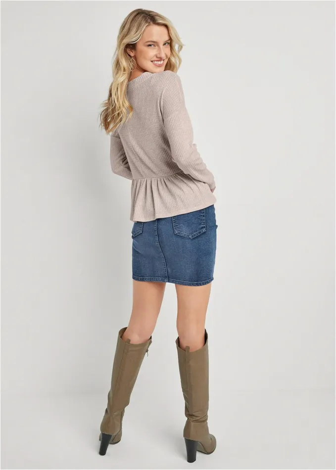Waffle ButtonUp Peplum Top Taupe Women VENUS Casual Tops