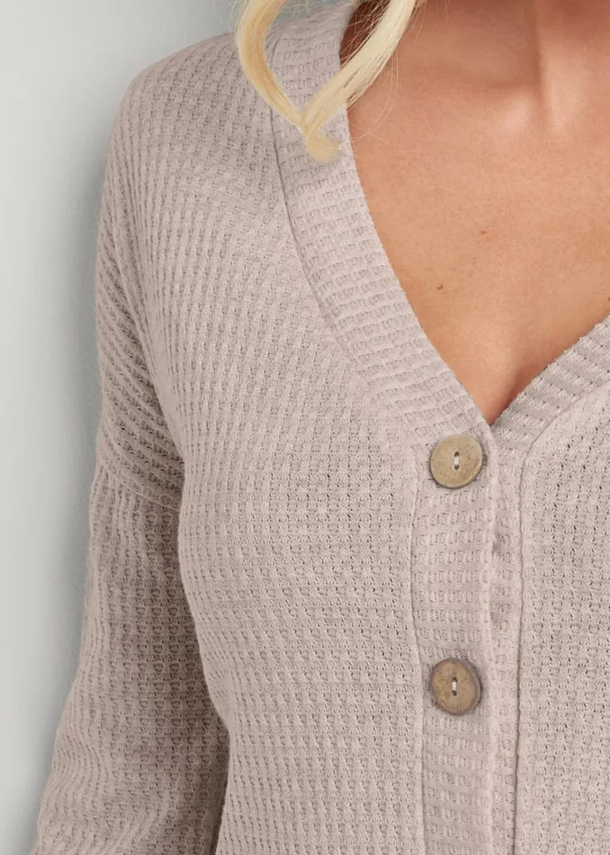 Waffle ButtonUp Peplum Top Taupe Women VENUS Casual Tops