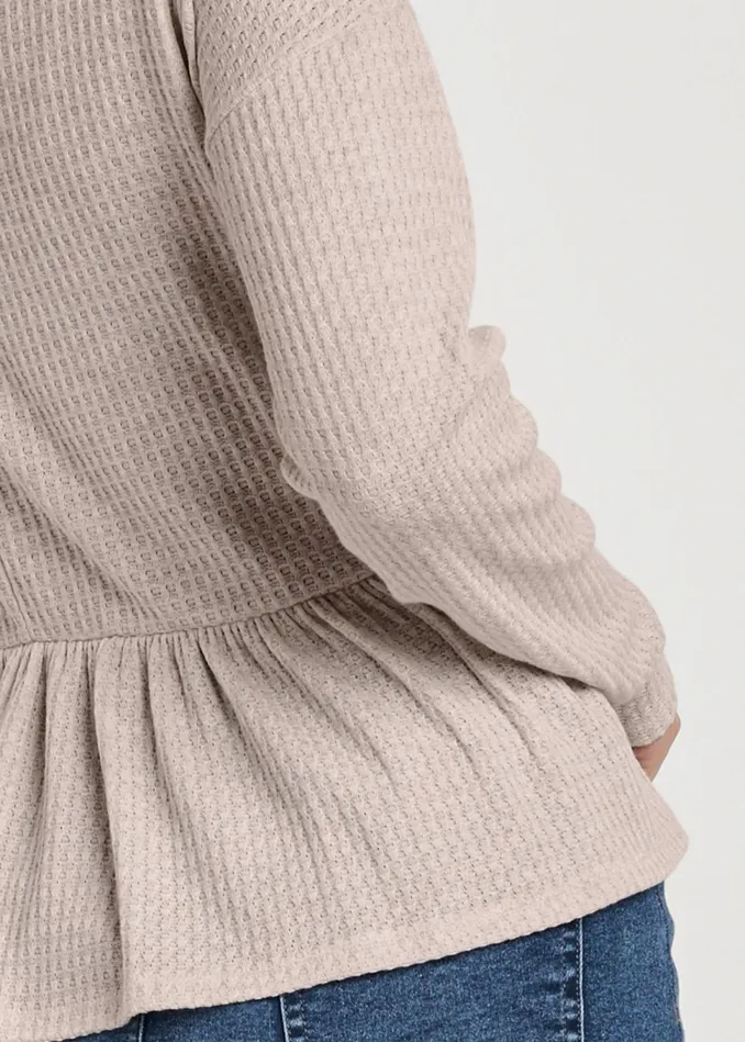 Waffle ButtonUp Peplum Top Taupe Women VENUS Casual Tops