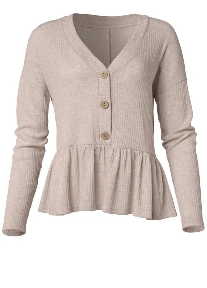 Waffle ButtonUp Peplum Top Taupe Women VENUS Casual Tops