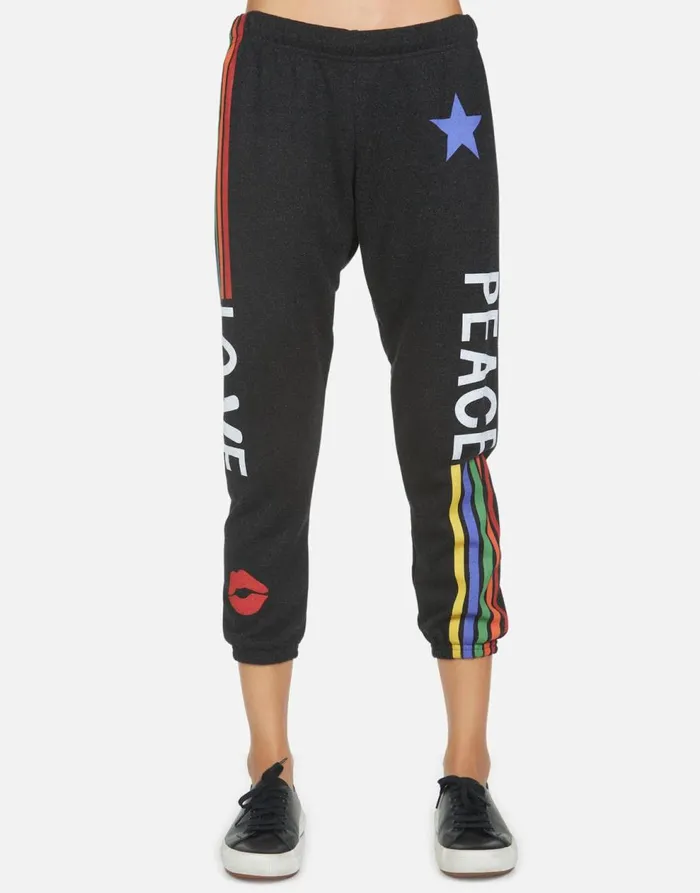 Women039s Alana Peace Love Stripe Black Lauren Moshi Crop Sweatpants
