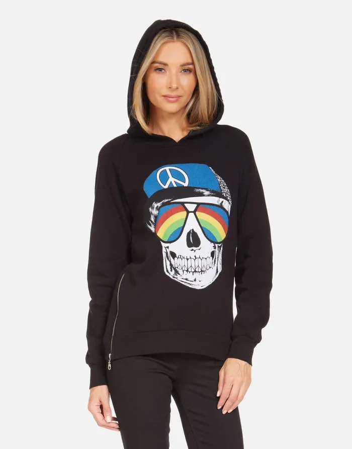 Women039s Corbin Rainbow Peace Skull Black Lauren Moshi Hoodies