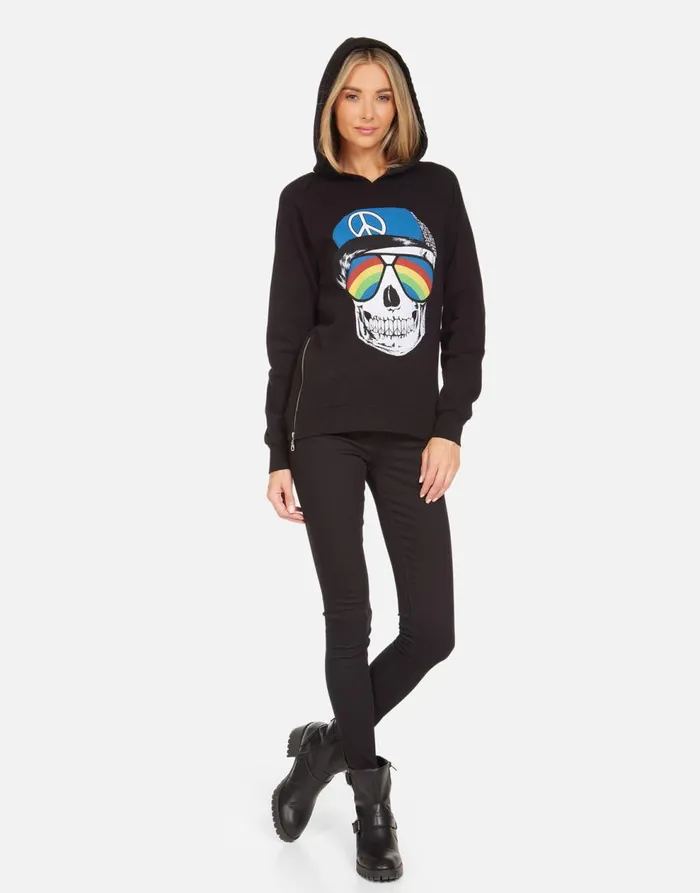 Women039s Corbin Rainbow Peace Skull Black Lauren Moshi Hoodies
