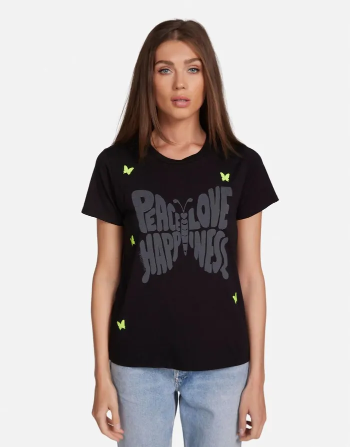 Women039s Croft Neon Peace Love Butterflies Black Lauren Moshi Short Sleeve