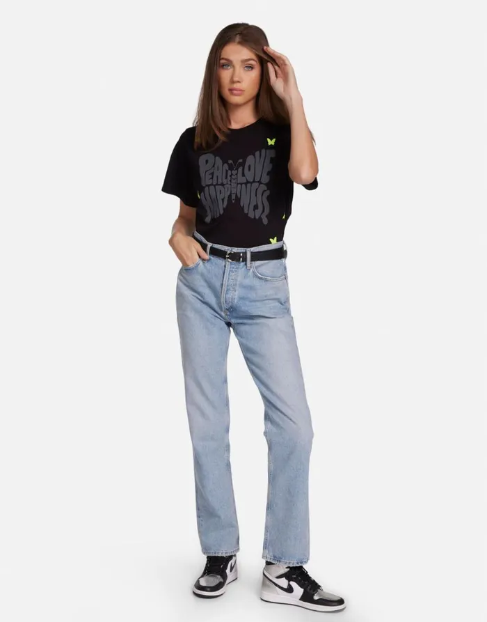 Women039s Croft Neon Peace Love Butterflies Black Lauren Moshi Short Sleeve