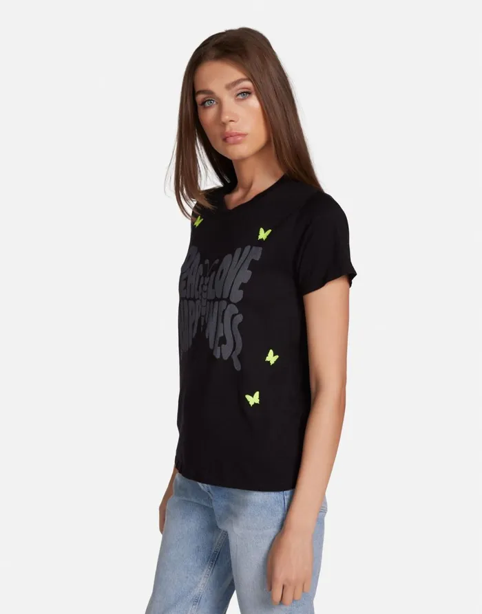 Women039s Croft Neon Peace Love Butterflies Black Lauren Moshi Short Sleeve