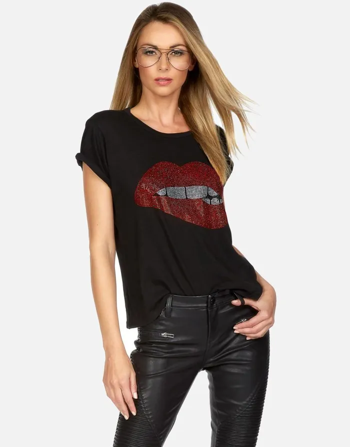 Women039s Edda Crystal Biting Lip Black Lauren Moshi Short Sleeve