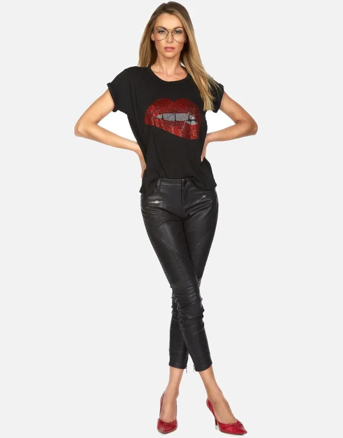 Women039s Edda Crystal Biting Lip Black Lauren Moshi Short Sleeve