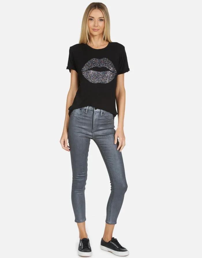 Women039s Edda Crystal Sprinkle Lip Black Lauren Moshi Short Sleeve