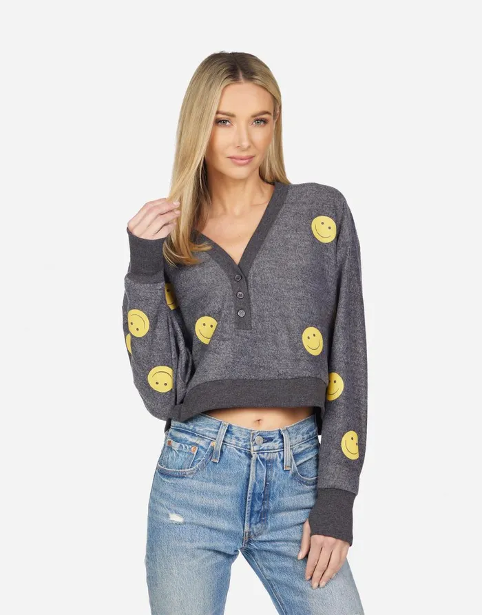 Women039s Kathryn All Over Yellow Smiley Charcoal Lauren Moshi Long Sleeve