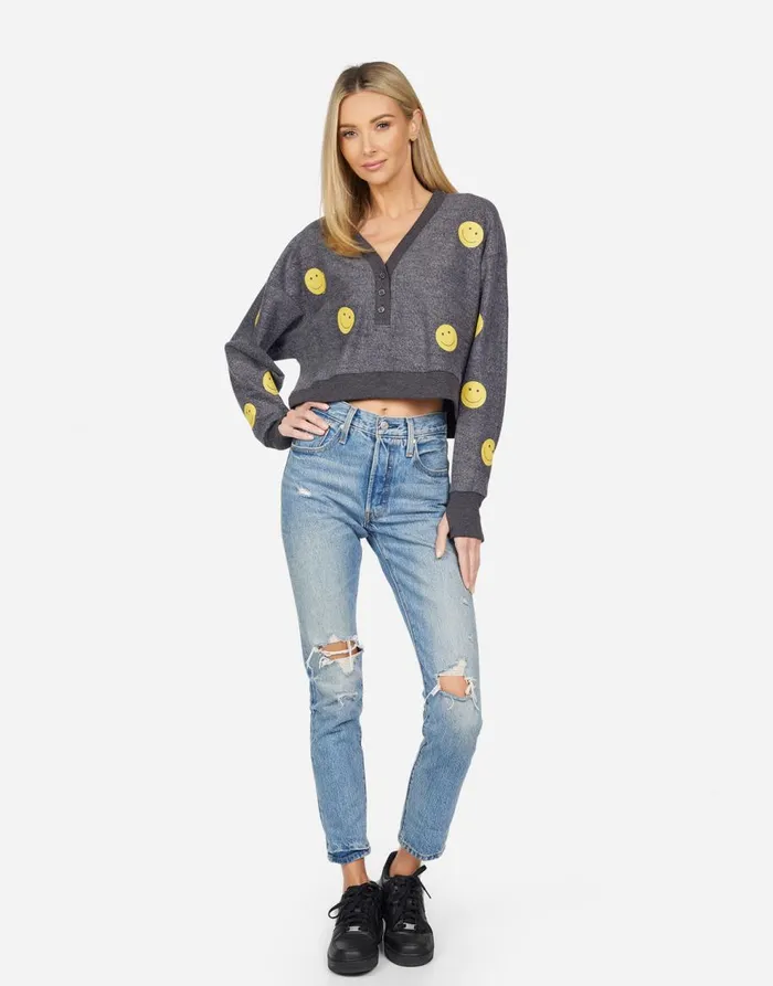 Women039s Kathryn All Over Yellow Smiley Charcoal Lauren Moshi Long Sleeve