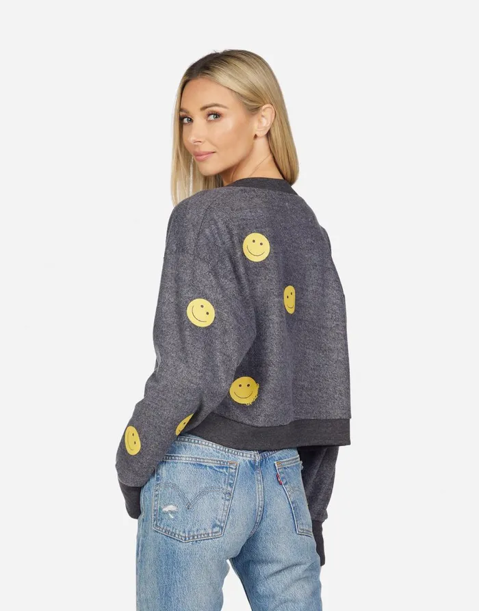 Women039s Kathryn All Over Yellow Smiley Charcoal Lauren Moshi Long Sleeve