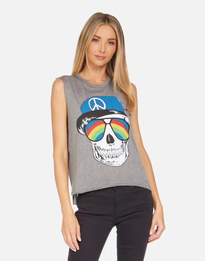 Women039s Kinzington Rainbow Peace Skull Heather Grey Lauren Moshi Tanks