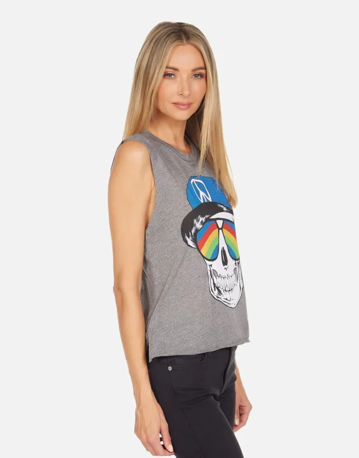 Women039s Kinzington Rainbow Peace Skull Heather Grey Lauren Moshi Tanks