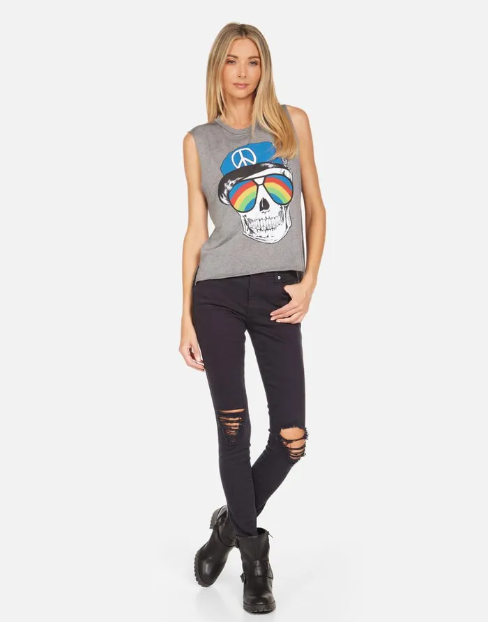 Women039s Kinzington Rainbow Peace Skull Heather Grey Lauren Moshi Tanks