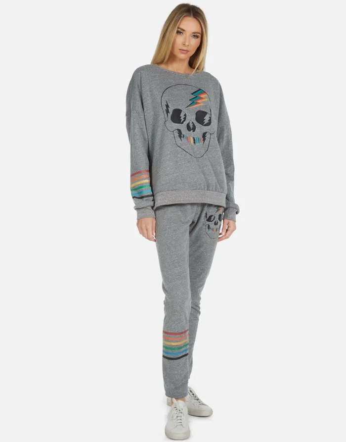 Women039s Uri Rainbow Electric Skull Heather Grey Lauren Moshi Long Sweatpants