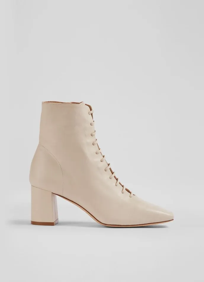 Women Boots LKBennett Arabella Cream Leather LaceUp Ankle Boots Ecru