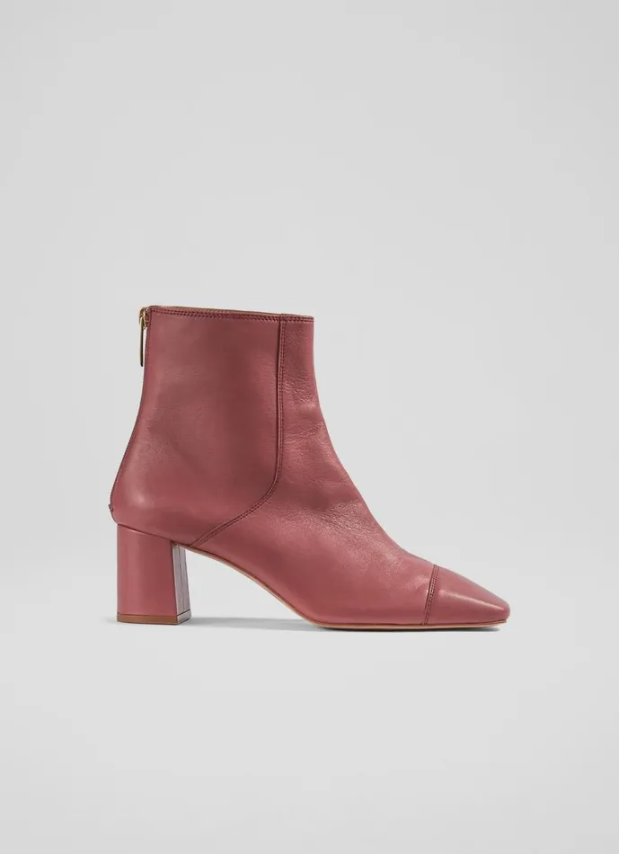 Women Boots LKBennett Maxine Rose Leather StitchDetail Ankle Boots Dark Rose