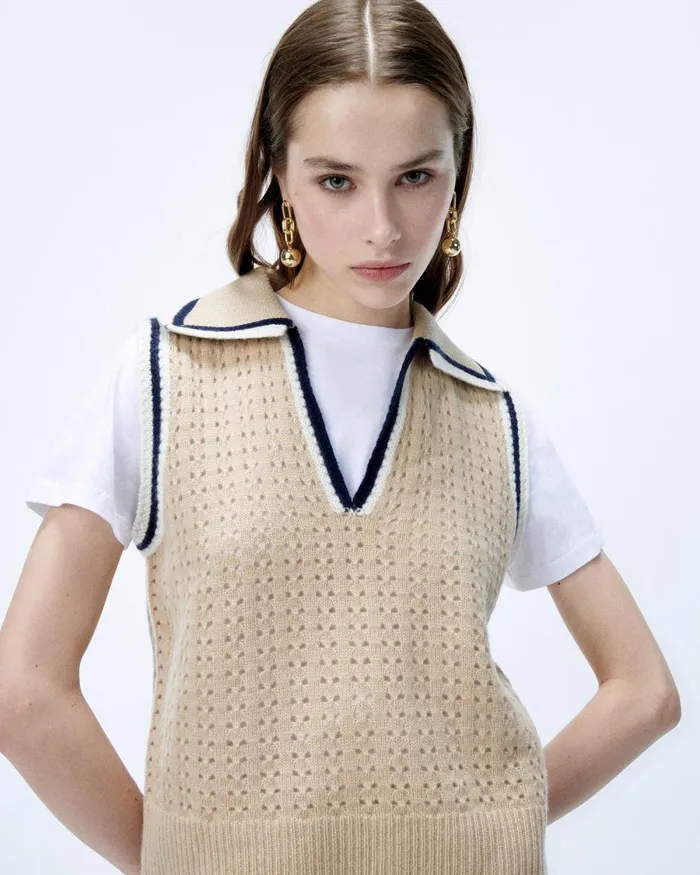 Women Cashmere Sweaters From Future Polo Neck Sleeveless Sweater Beige