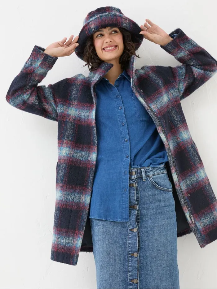 Women Coats and Jackets Fat Face Freya Blue Wool Blend Check Coat