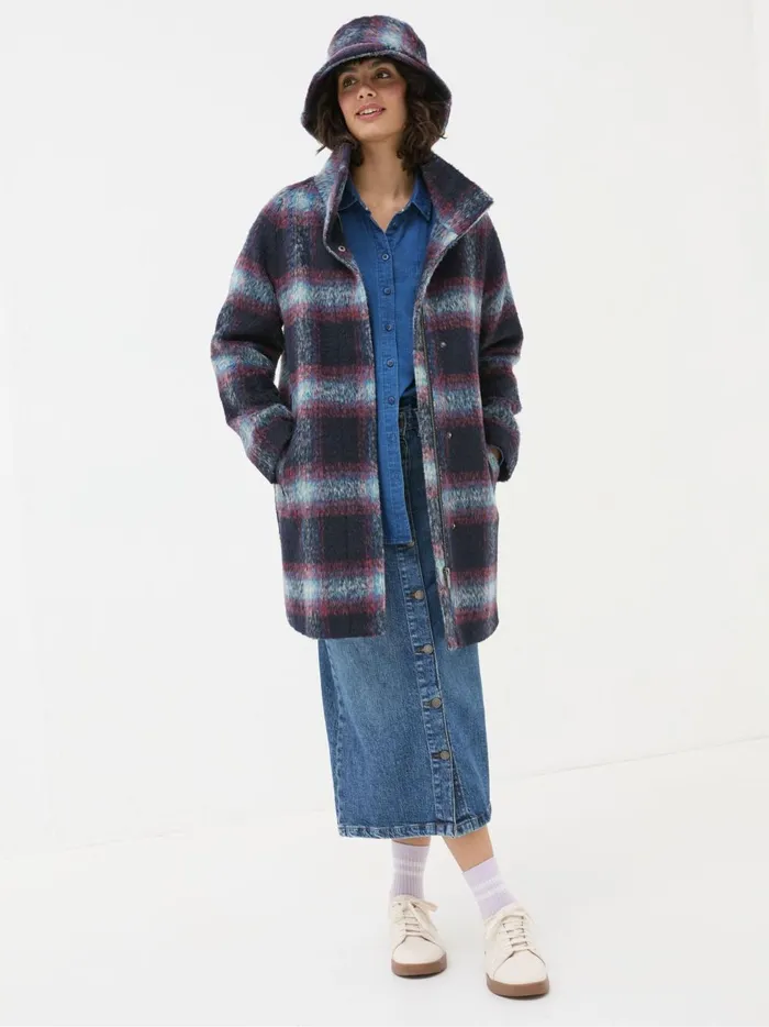 Women Coats and Jackets Fat Face Freya Blue Wool Blend Check Coat