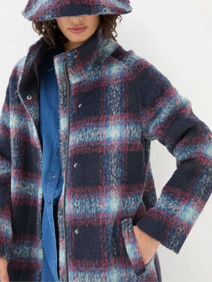 Women Coats and Jackets Fat Face Freya Blue Wool Blend Check Coat