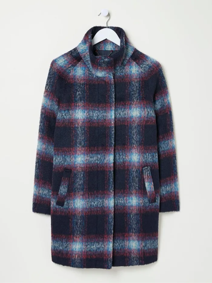 Women Coats and Jackets Fat Face Freya Blue Wool Blend Check Coat