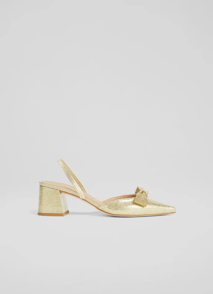 Women Court Shoes LKBennett Cadence Gold Glitter BowFront Slingbacks Gold