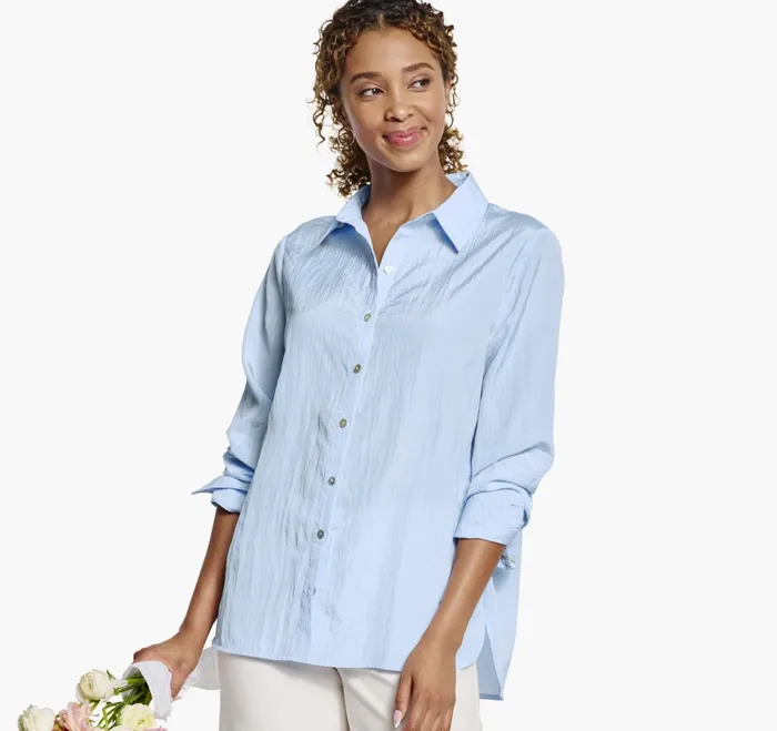 Women Crinkle ButtonFront Shirt Light Blue JohnstonandMurphy Shirts Sweaters and Blazers Women Crinkle ButtonFront Shirt Light Blue JohnstonandMurphy Shirts Sweaters and Blazers