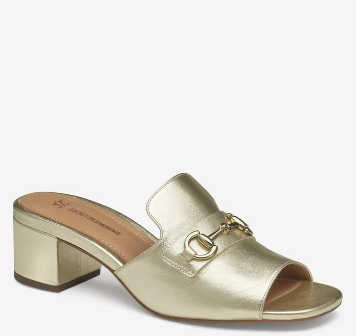 Women Edith Bit Slide Gold Metallic Sheepskin JohnstonandMurphy Heels and Platform Wedges