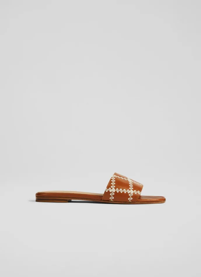 Women Flats LKBennett Hema Tan Leather Stitch Detail Flat Mules Saddle